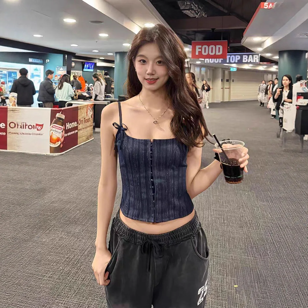 

Женский укороченный топ-жилет LION Spicy Girl Denim Stripe с завязками, из полиэфирного волокна, для повседневной носки