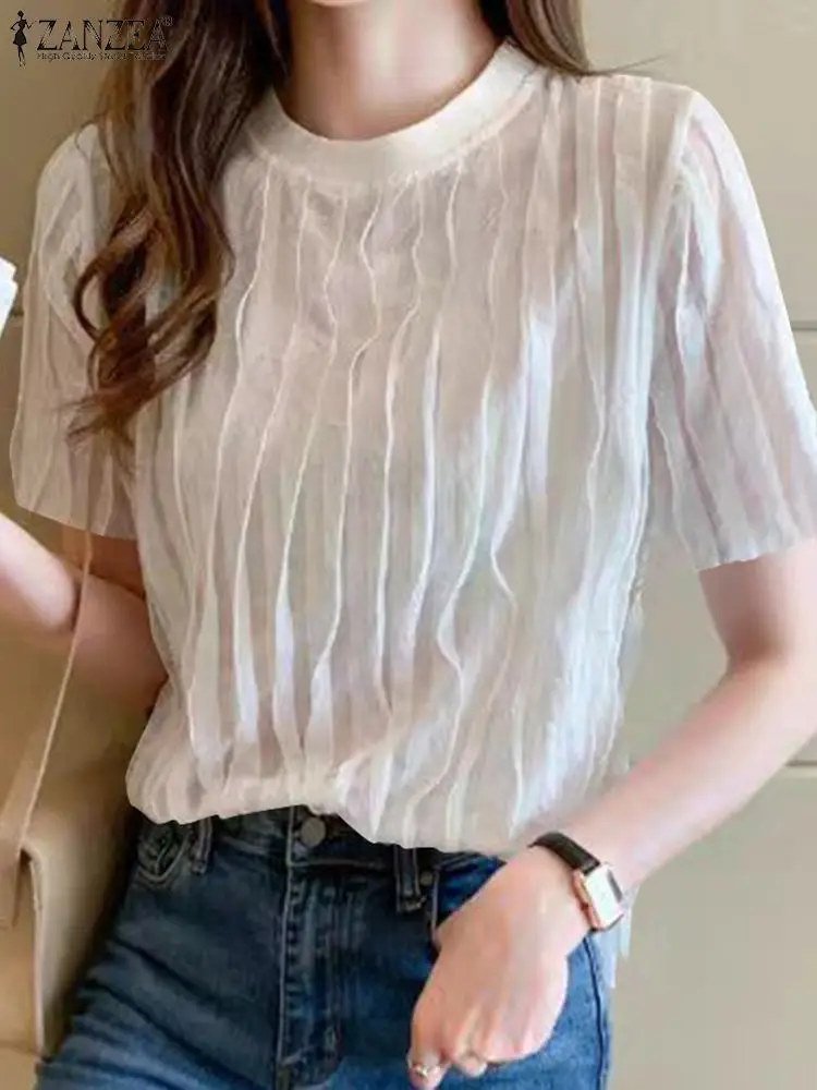 ZANZEA Korean Women Solid Blouse Fashion Textured Fabric Basic Tops 2024 Summer Short Sleeve Tunic Elegant Loose Pleating Blusas