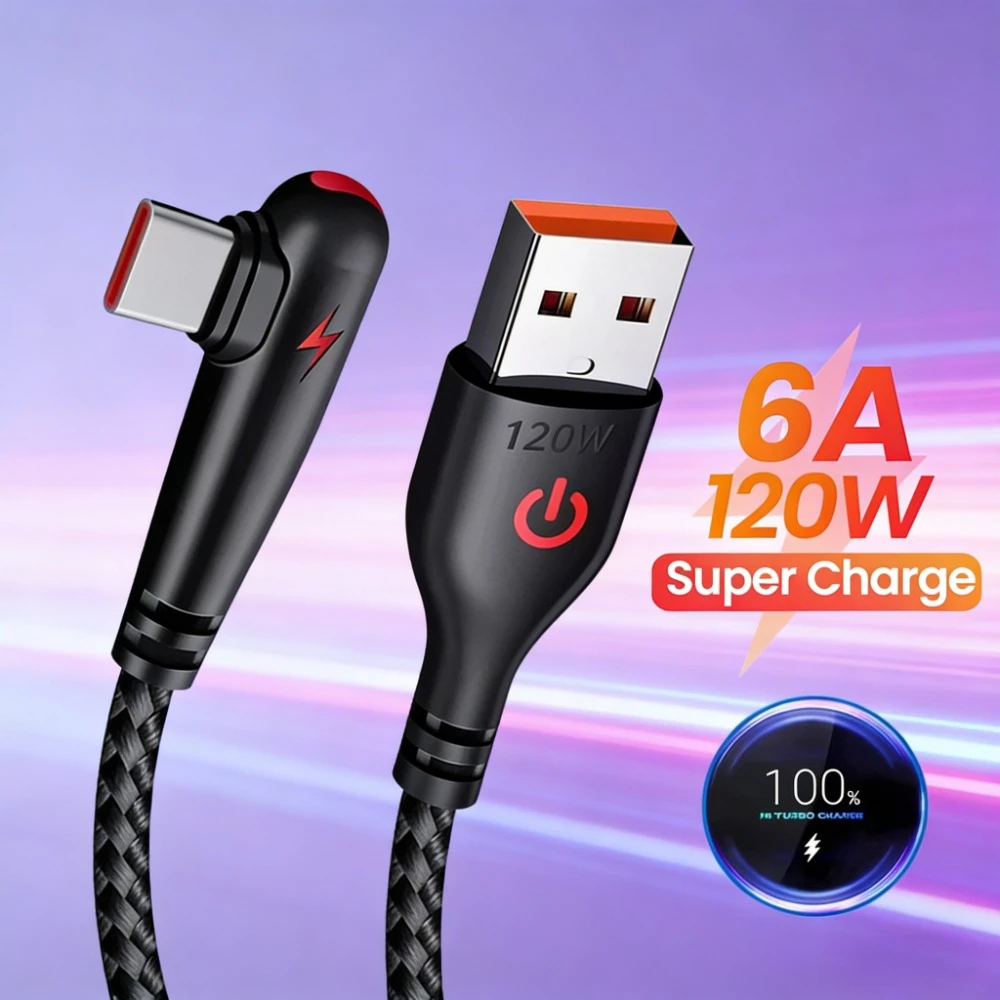 120W Typ-C-Kabel 6A 90-Grad-Winkel Schnelllade-Datenkabel für Samsung Xiaomi Huawei PD Typ-C Schnellladegerät Telefonladekabel
