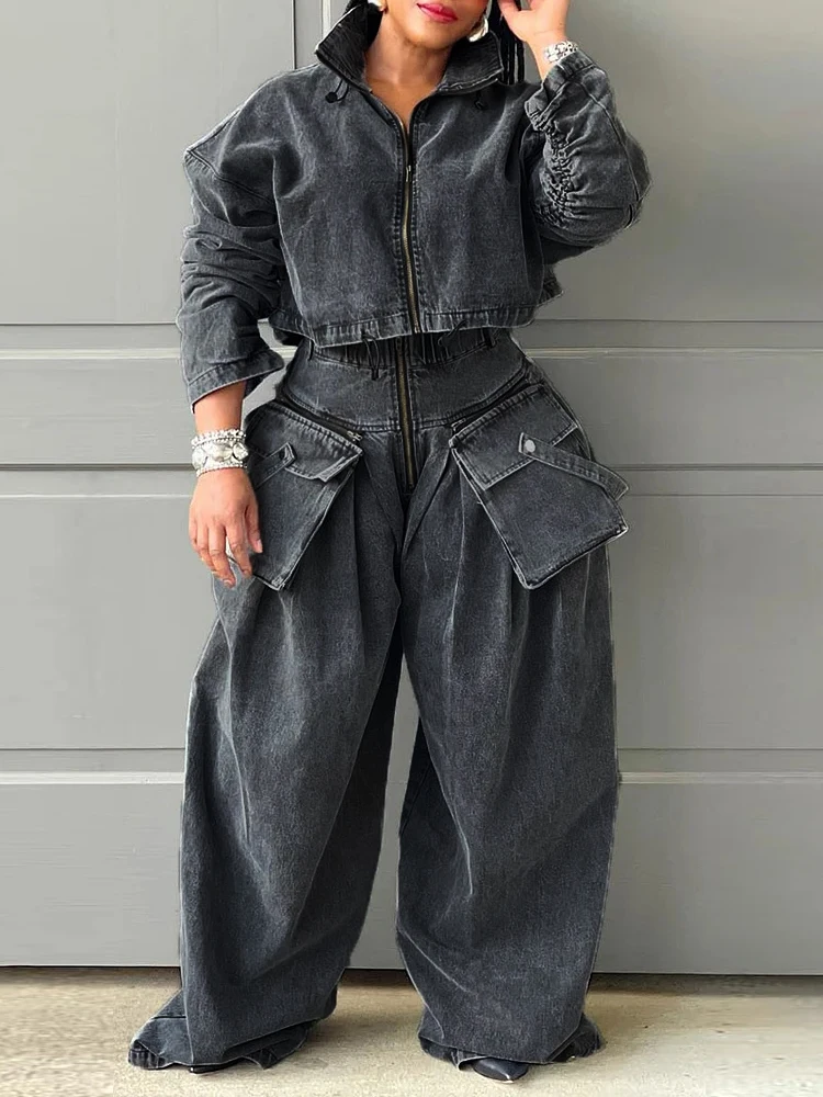 VGH Solid Two Piece Set For Women Turtleneck Long Sleeve Short Top High Waist Spliced Pockets Wide Leg Pants Casual Sets Famale