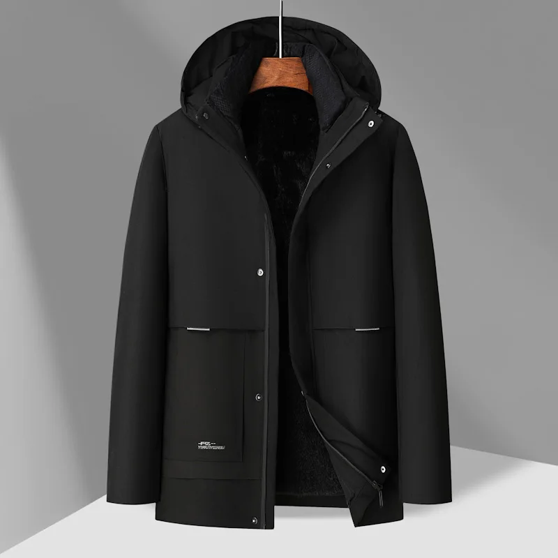 Casual Winter Men's Thick Fleece Warm Duck Down Jacket Outdoor Windproof Hat & Plush Liner Puffer Coat Streetwear Parka Clothing