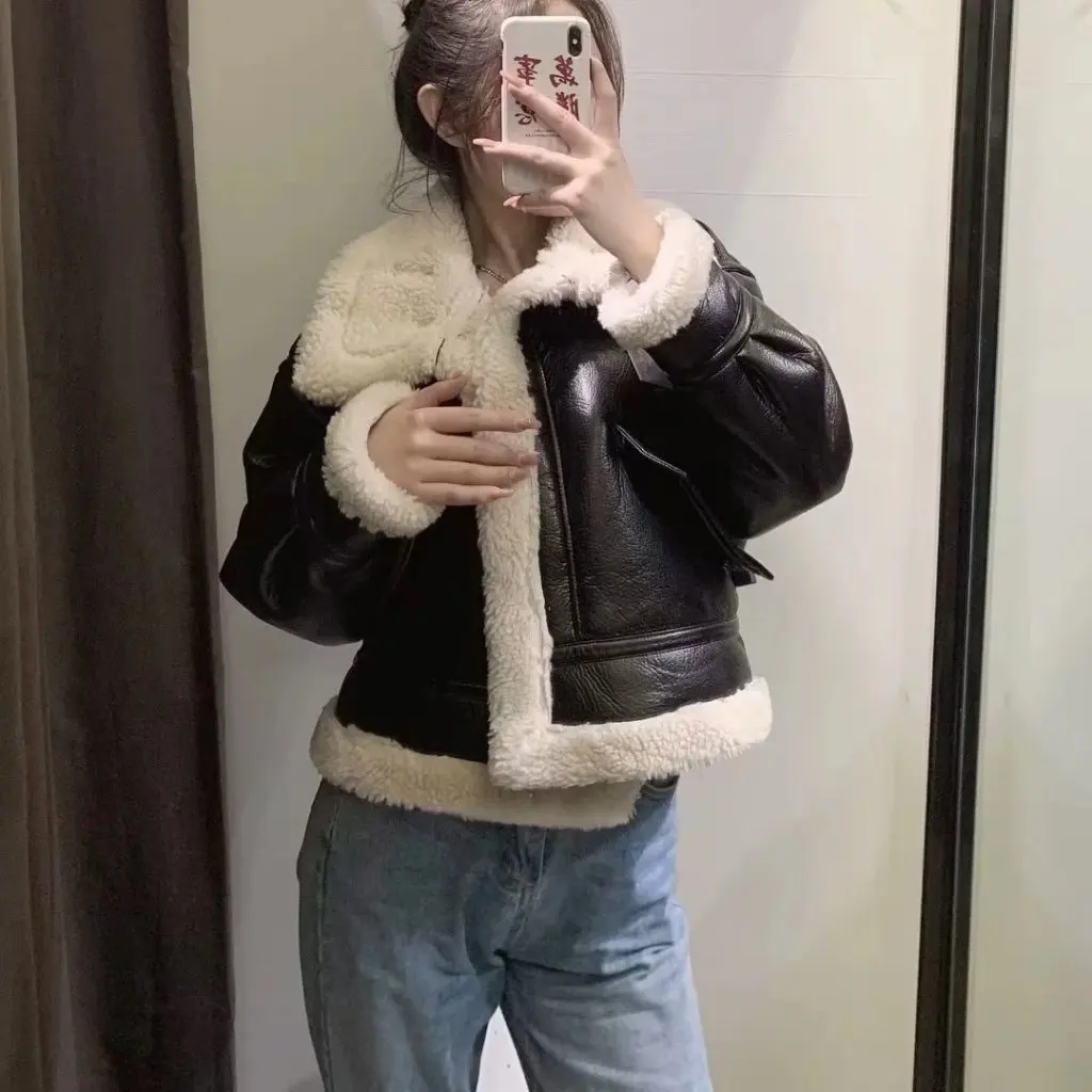 

Women's Thickened Turtleneck PU Leather Jacket Winter INS Hot Girl Lace-Up Lambswool Zipper Coat by American Designer