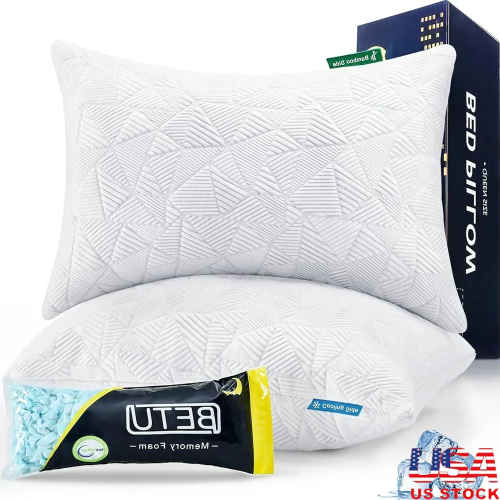 Cooling Pillows Set of 2 Shredded Memory Foam Adjustable Soft Firm Support Breathable Sleep Aids Hot Sleepers Relaxation