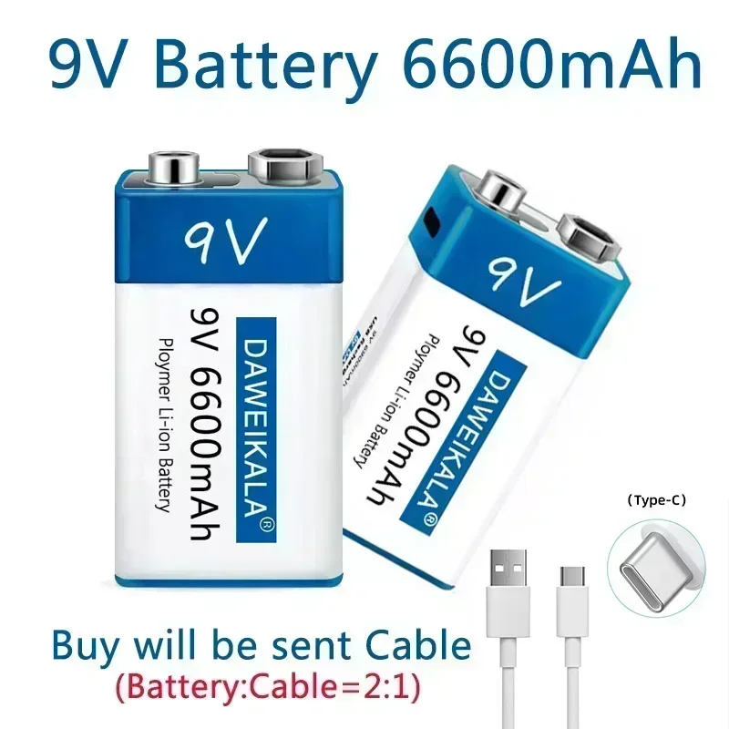 For 9V Battery 6600mAh li-ion Rechargeable battery Type-C USB Batteries 9V lithium for Multimeter Microphone Toy Remote Control