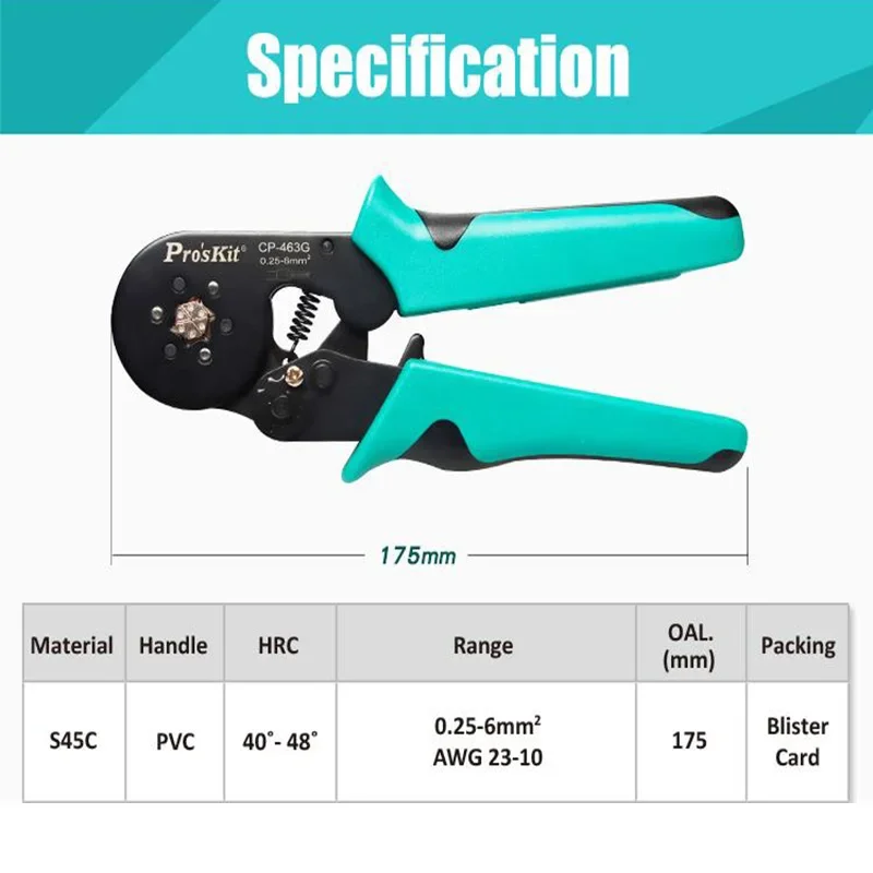 Pro`skit CP-463G Hexagonal self-adjusting tube type European terminal crimping pliers wire hoop crimper 0.25~6mm/AWG 24~ 10