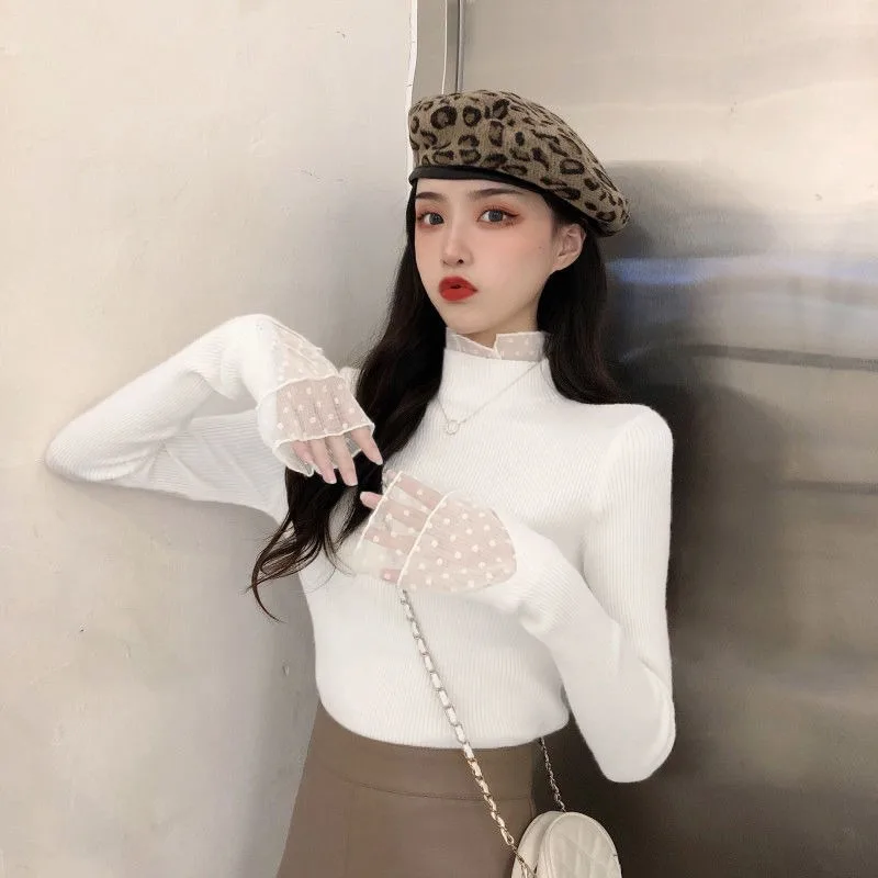 Neploe Korean Fashion Fake Two Piece Sweaters Mujer Autumn Sweet Lace Long Sleeve Tops Women Y2k Slim Fit Knitted Pullover