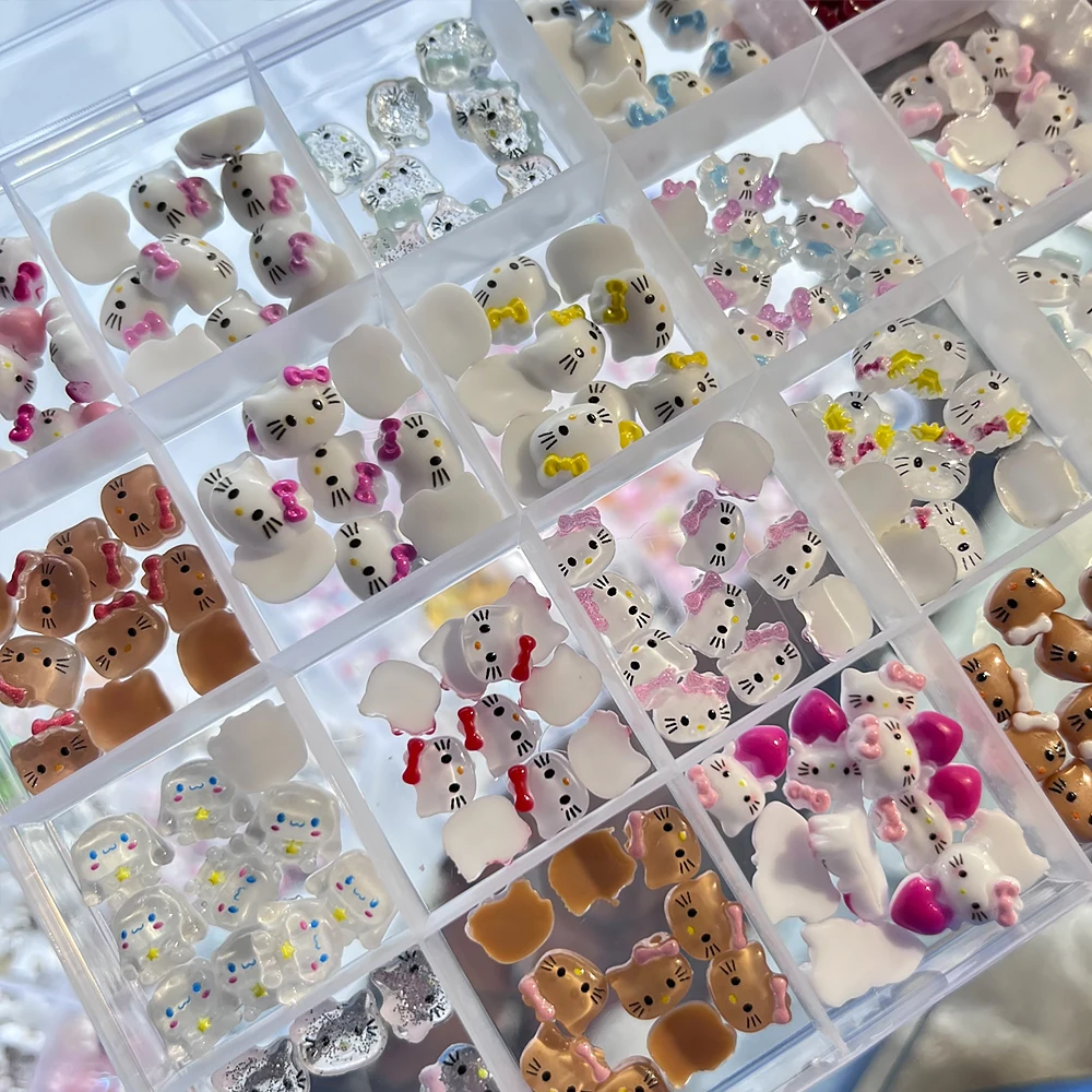24 rejillas de dibujos animados bonitos de Hello Kitty, dijes para decoración de uñas, cabezas KT 3D rosa/bronceado, decoraciones para uñas con lazo, accesorios para uñas de verano Kawaii DIY