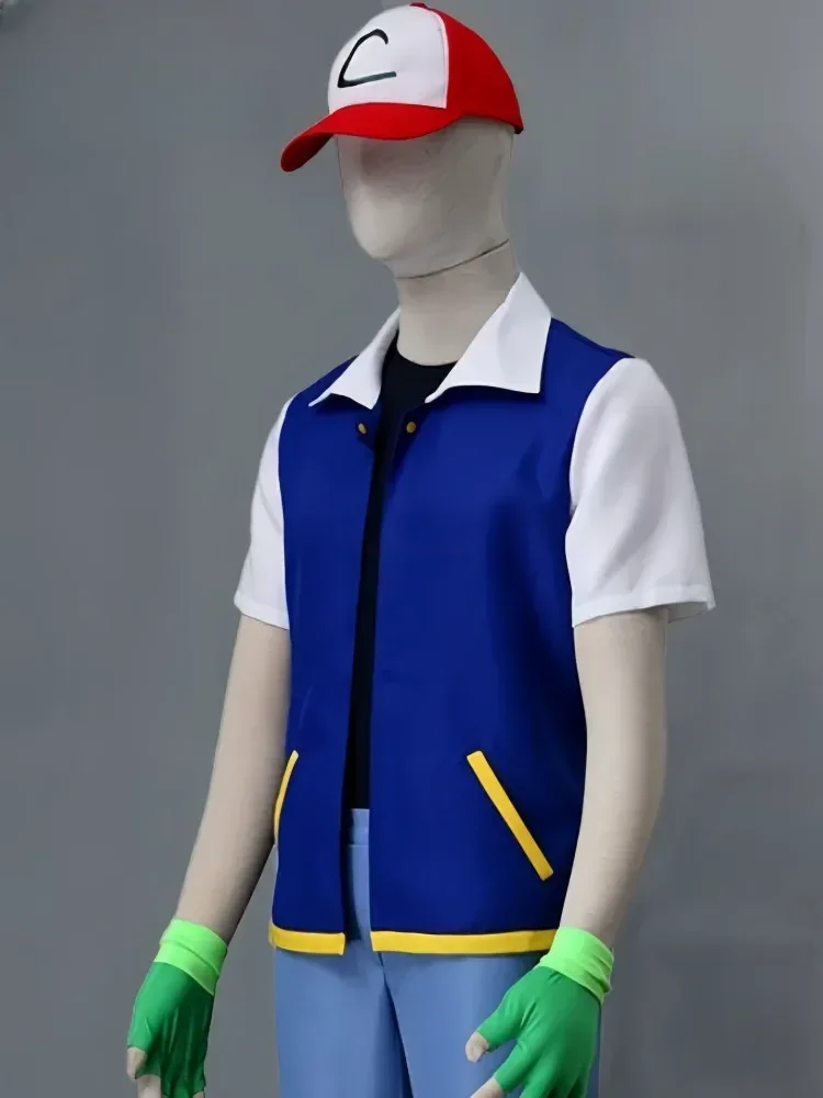 Nowa niebieska kurtka, kostium do cosplaya dla chłopców, postać Ash Ketchum, idealny na imprezę halloweenową, zestaw rękawic trenera i czapki, prezent świąteczny w stylu anime. — 2