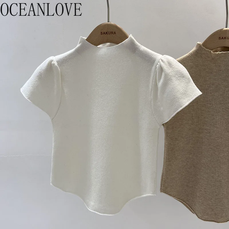 OCEANLOVE Spring Autumn Women Sweaters Half High Collar Puff Sleeve Solid Short Pulllovers Korean Fashion Chic Pull Femme