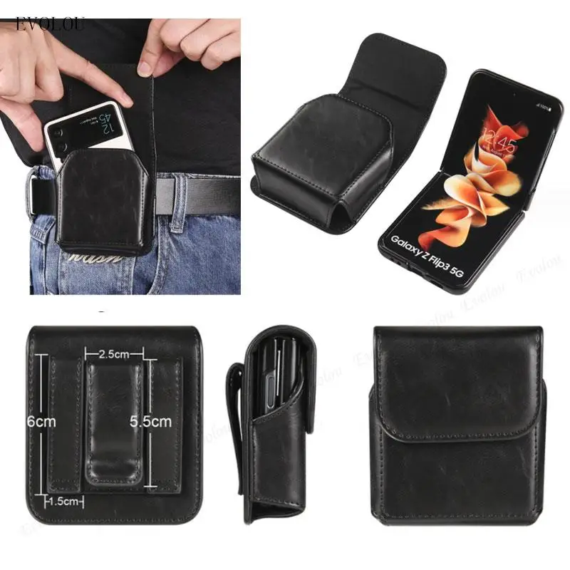 For Moto Razr 40 Ultra Universal Genuine Leather Phone Pouch For Samsung Z Flip 5 Flip4 3 Belt Clip Holster Waist Bag Cover