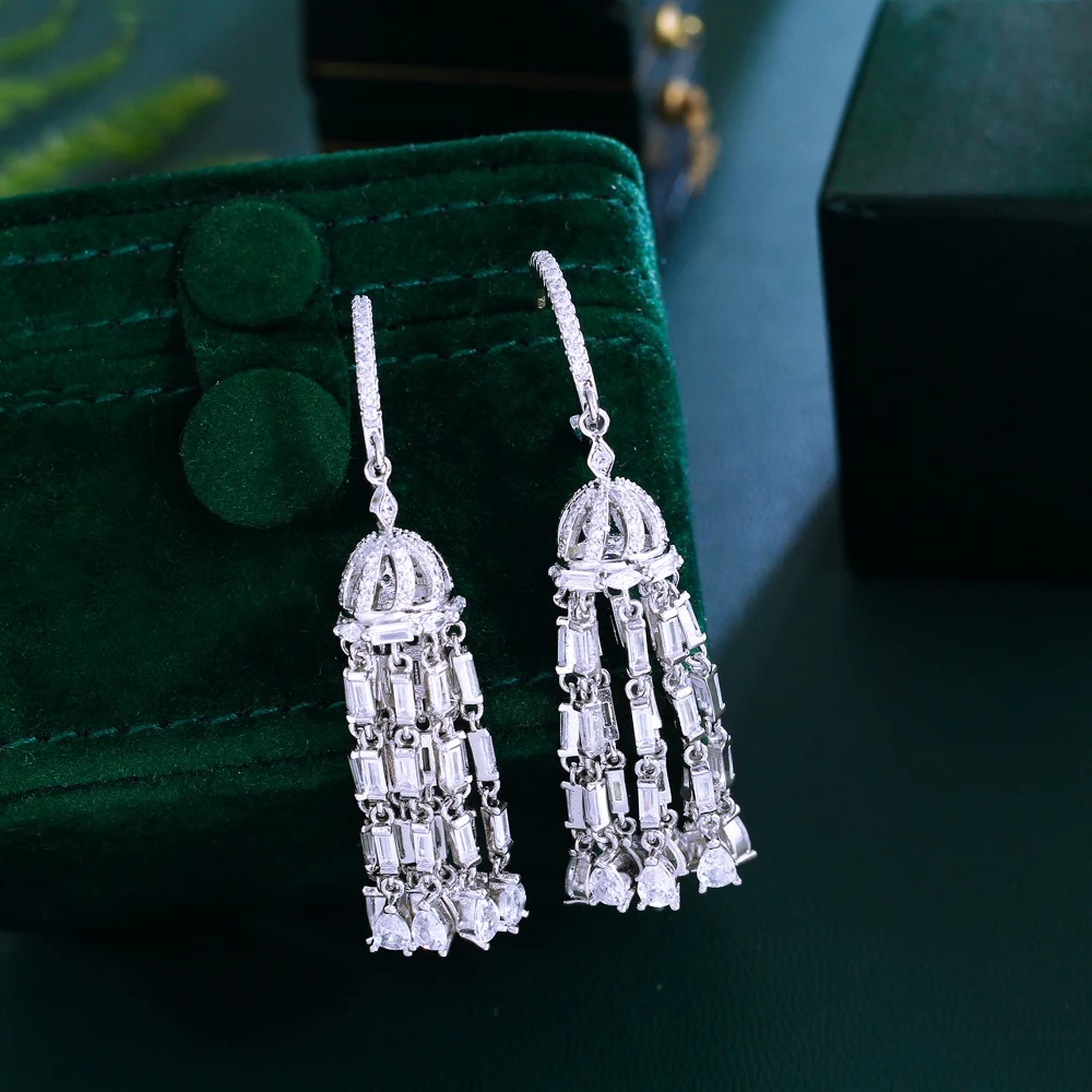 CWWZircons Heavy Work Cubic Zirconia Long Dangle Water Drop Tassel Chandelier Luxury Pageant Bridal Earrings for Women CZ706