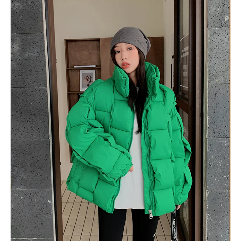 

Green Short Down Jacket Women Solid Stand Collar Fashion Y2K American Feather Duck Down Female Puffer Winter NEW Black Outwear