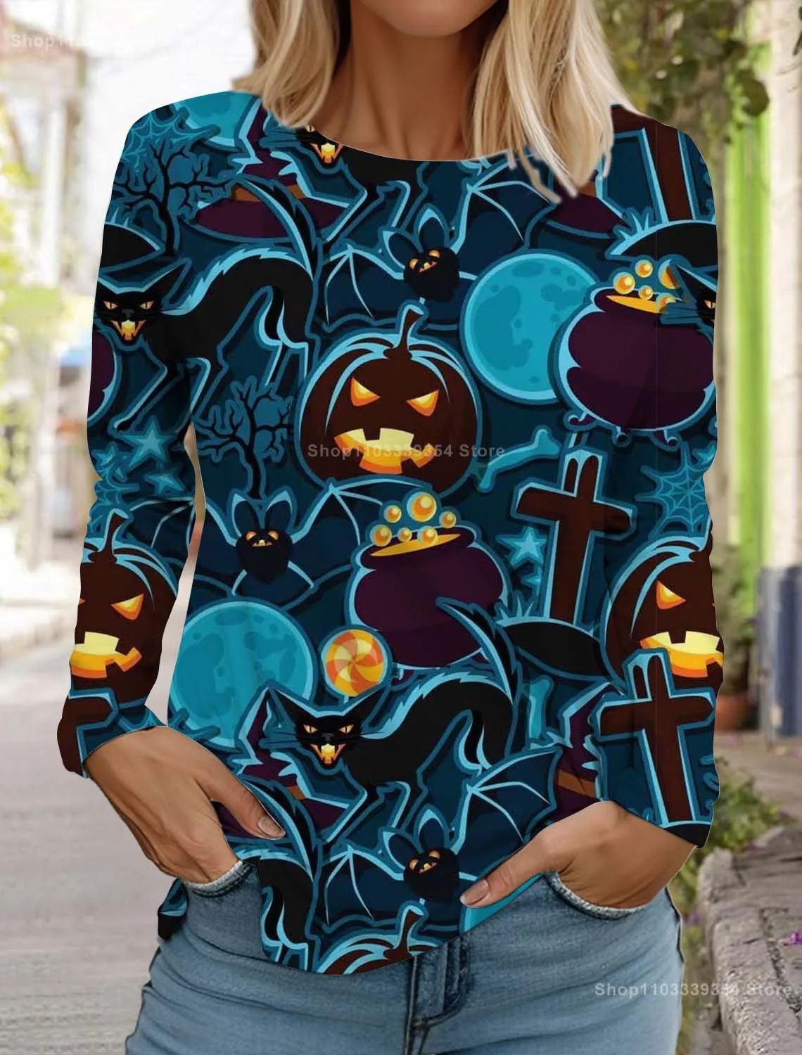 Halloween Women's long sleeved T-shirt Pumpkin Head 3D Printed  Long Sleeve T-Shirt Autumn New Casual Tops For Women Clothing