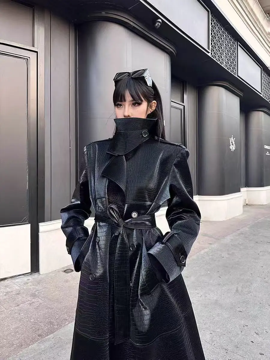 Luxe Hoogwaardige Leren Jas Vrouwen Lange Trenchcoat Double-Breasted Belted Lange Mouwen Revers Ontwerp Bovenkleding Streetwear