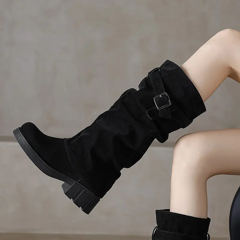 

ORCHALISA/женские длинные сапоги из флока и замши, ботильоны без шнуровки на платформе с круглым носком, толстом каблуке 4,5 см, размер 42, 43