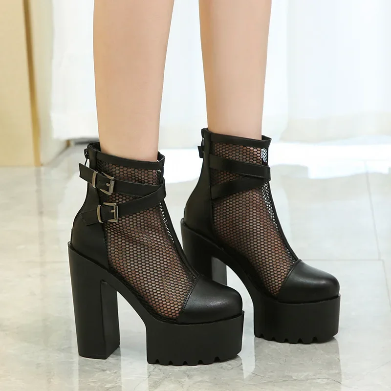 2025 New Fashion High-Heeled Women's Boots Sexy Waterproof Platform Mesh Lace-Up Zipper Catwalk Nightclub Shoes