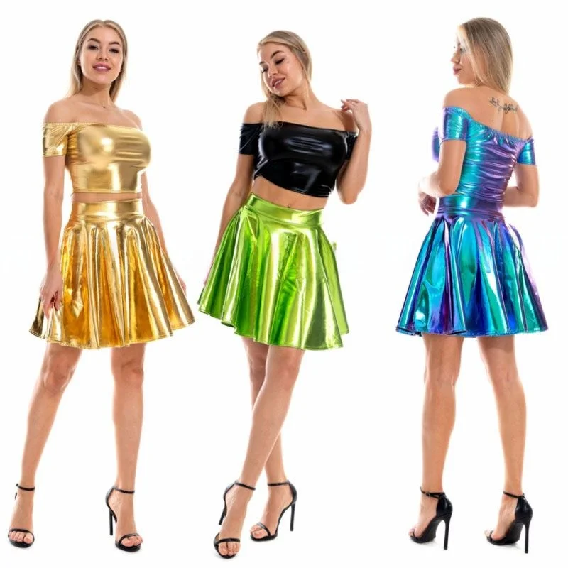 

iny Leather Surface ort Skirt Women's Stage Performance Club Night Outfit Poodle Skirt Street Sle mid Waist A-Line