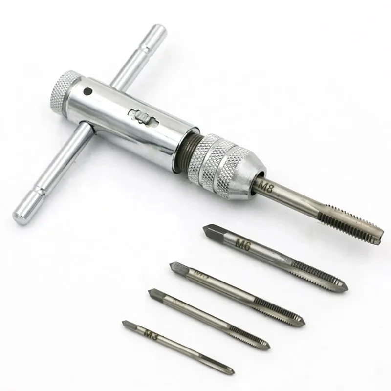 

Professional Adjustable Ratchet Tap Wrench with 5 Taps Designed for M3 M8 Metric Screws Secure Clamping Mechanism