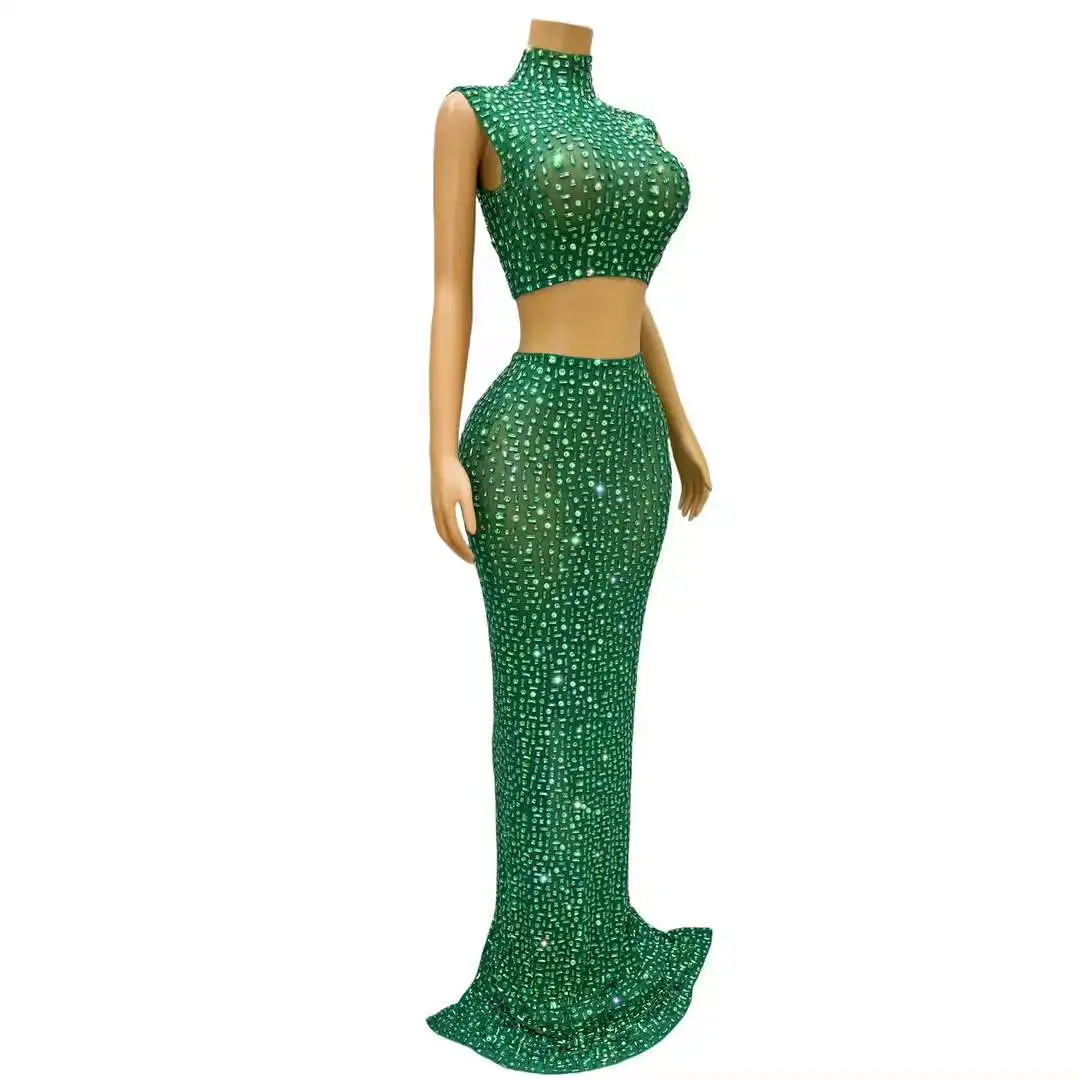 Sparkly Rhinestones Crop Top Long Skirt Two Pieces Set Women Sexy Transparent Celebrate Evening Prom Birthday Dress Photo Shoot