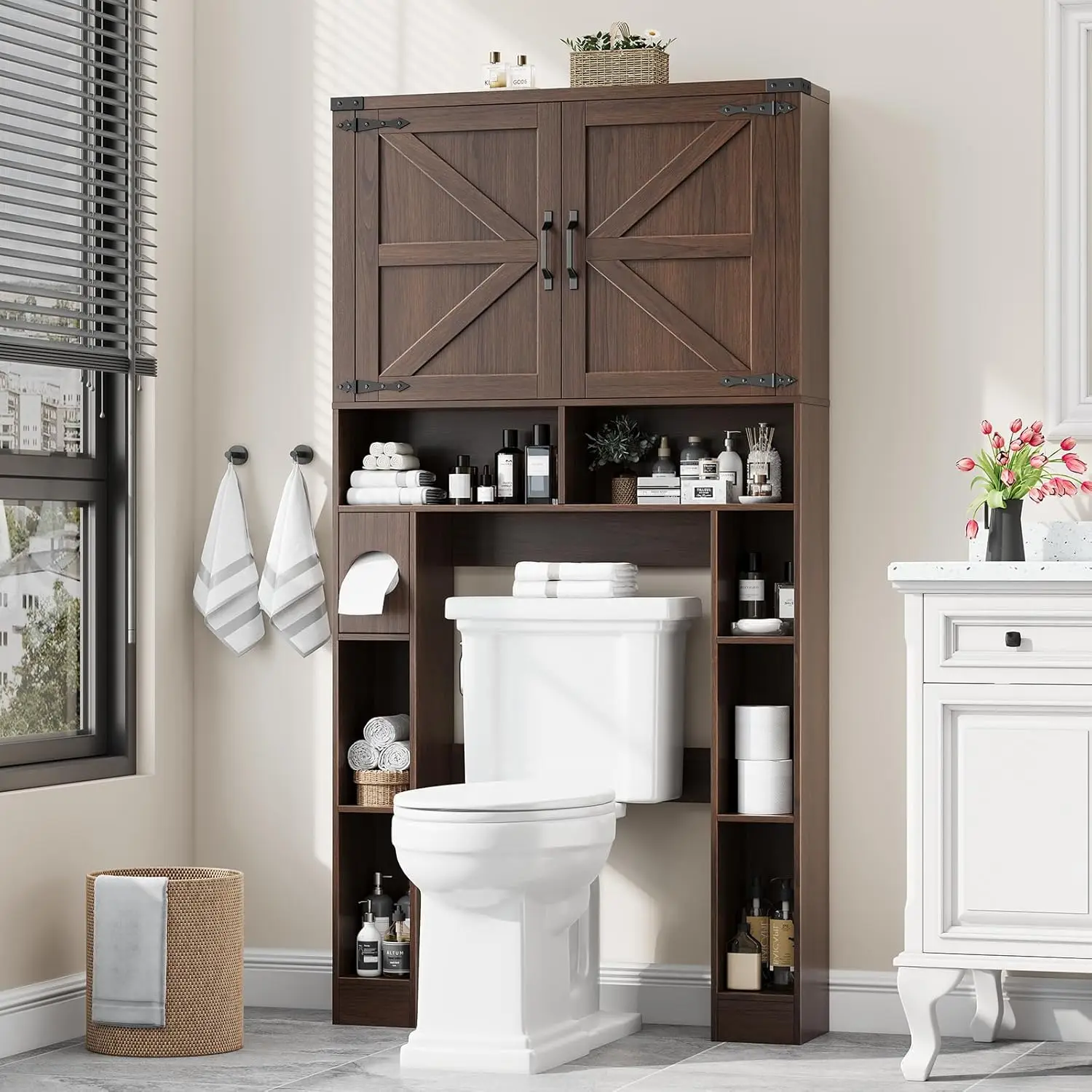 

Over The Toilet Storage Cabinet, Farmhouse Storage Cabinet Over Toilet with 2 Barn Doors ，Toilet Paper Holder Stand