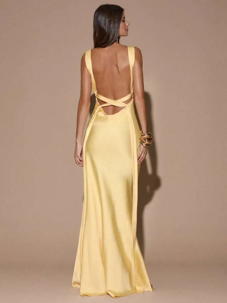 Yellow Solid Color Sleeveless Backless Tie-Up Maxi Dress for Party Cocktail Formal