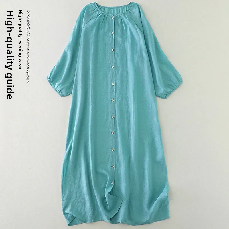 

Ретро Lake Blue Хлопково-льняное платье Lazy Sle Dr Свободное круглое платье на одной пуговице Ne Mid-Length irt Dr Thin Model Sweet Sle