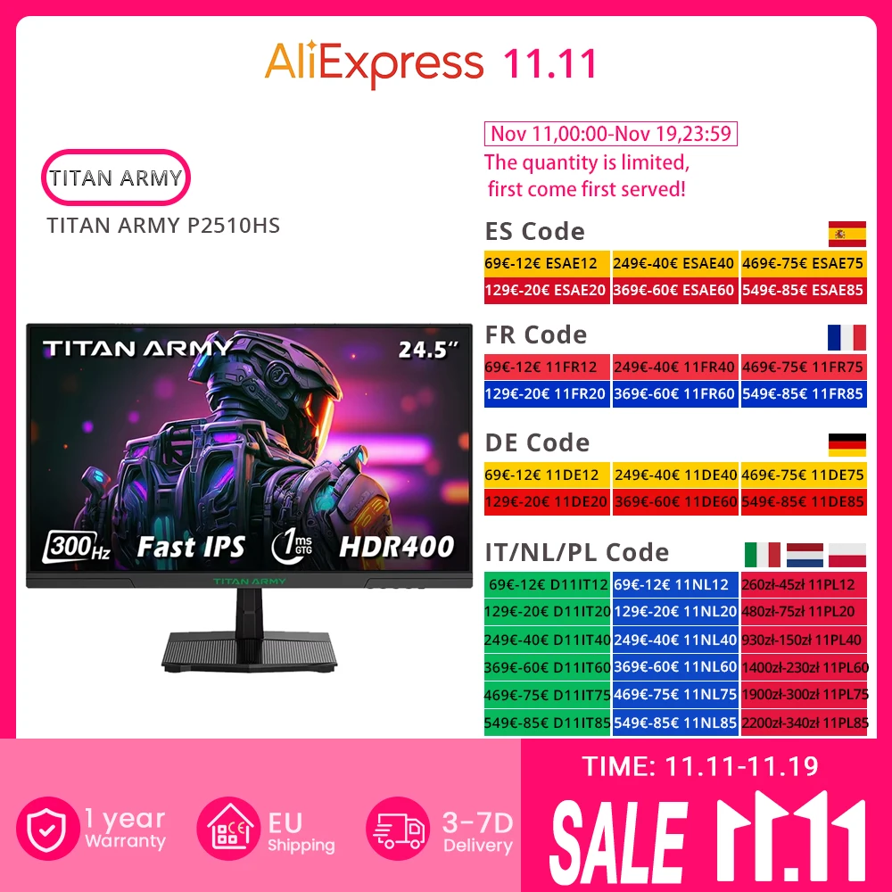 TITAN ARMY P2510HS Flat 16:9 تحديث سريع لشاشات الألعاب 300 هرتز مع ألوان نابضة بالحياة بدقة 1920 × 1080 1 مللي ثانية GTG #1