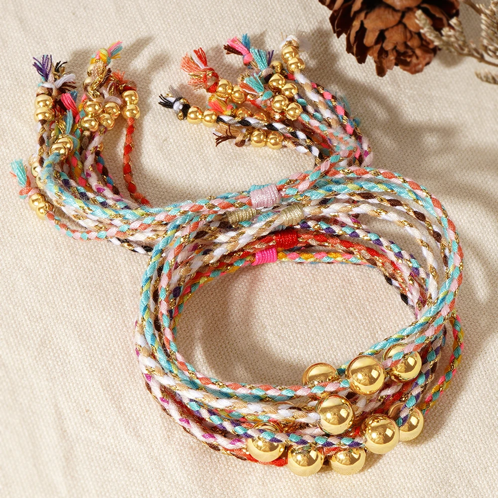 1PC Retro Bohemian Colorful Exquisite Hand-kneaded Friendship Lucky Cotton Rope 8mm Copper Bead Bracelet, Ethnic Style Features