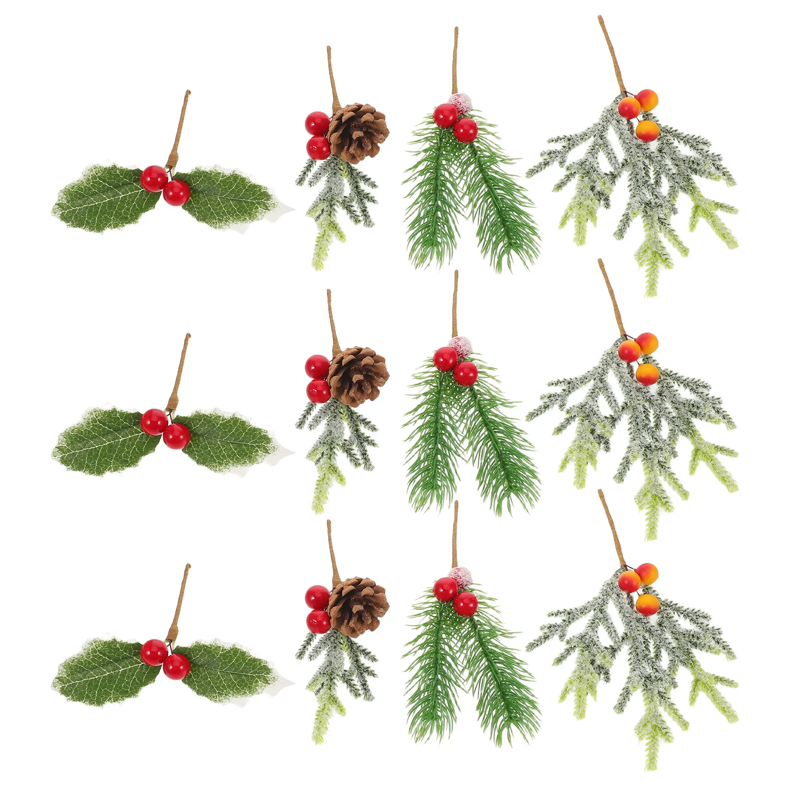 

12Pcs Festive Christmas Picks Snow Frosted Pine Needle Branches with Faux Red Berry Stems for Tree Decorations Holiday Garland