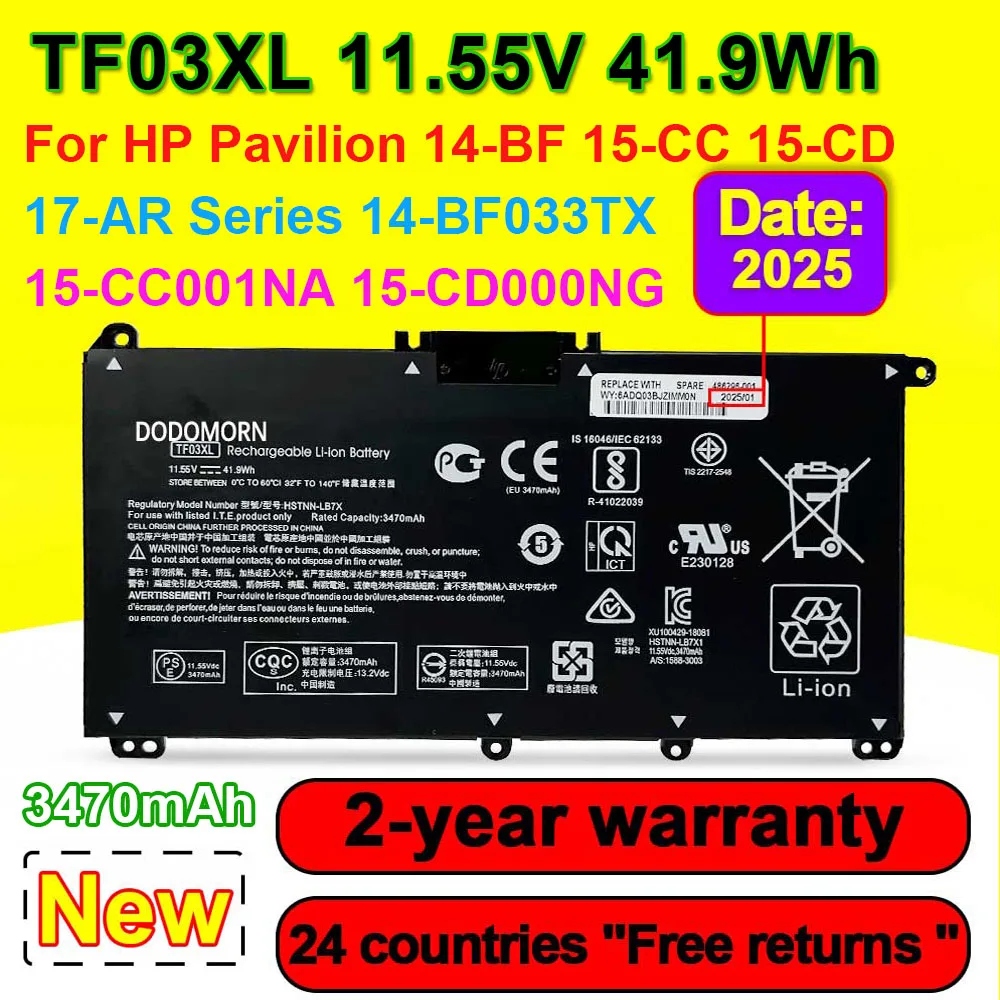 TF03XL para HP Pavilion 14-BF 15-CC 15-CD 17-AR 14-BF033TX 15-CC001NA 15-CD000NG 17-AR007CA batería del ordenador portátil 3470mAh 41.9Wh 11,55V