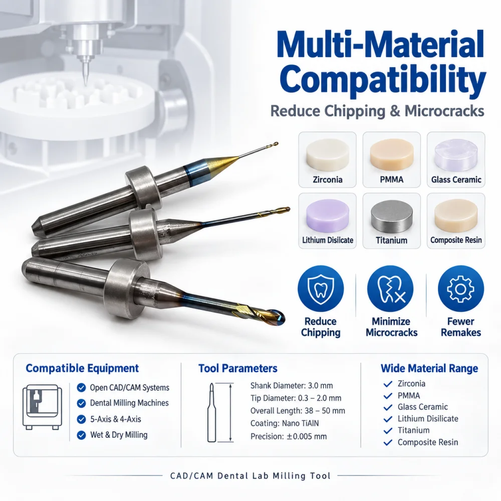 Upcera A52 D3 Milling Burs Dental Diamond Coated Drill Cutters for Zirconia/Lithium Disilicate/PMMA/Metal Cad Cam Milling Burs