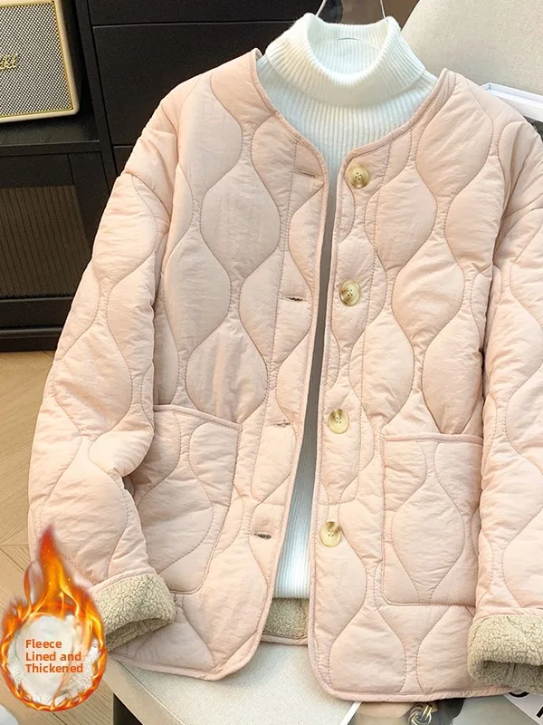 

Thiened Lamb Fur Cotton Jaet Large Size Korean Sle round Ne Inner Lamb Fur Coat Artistic Loose Fit Long Sve Women'...