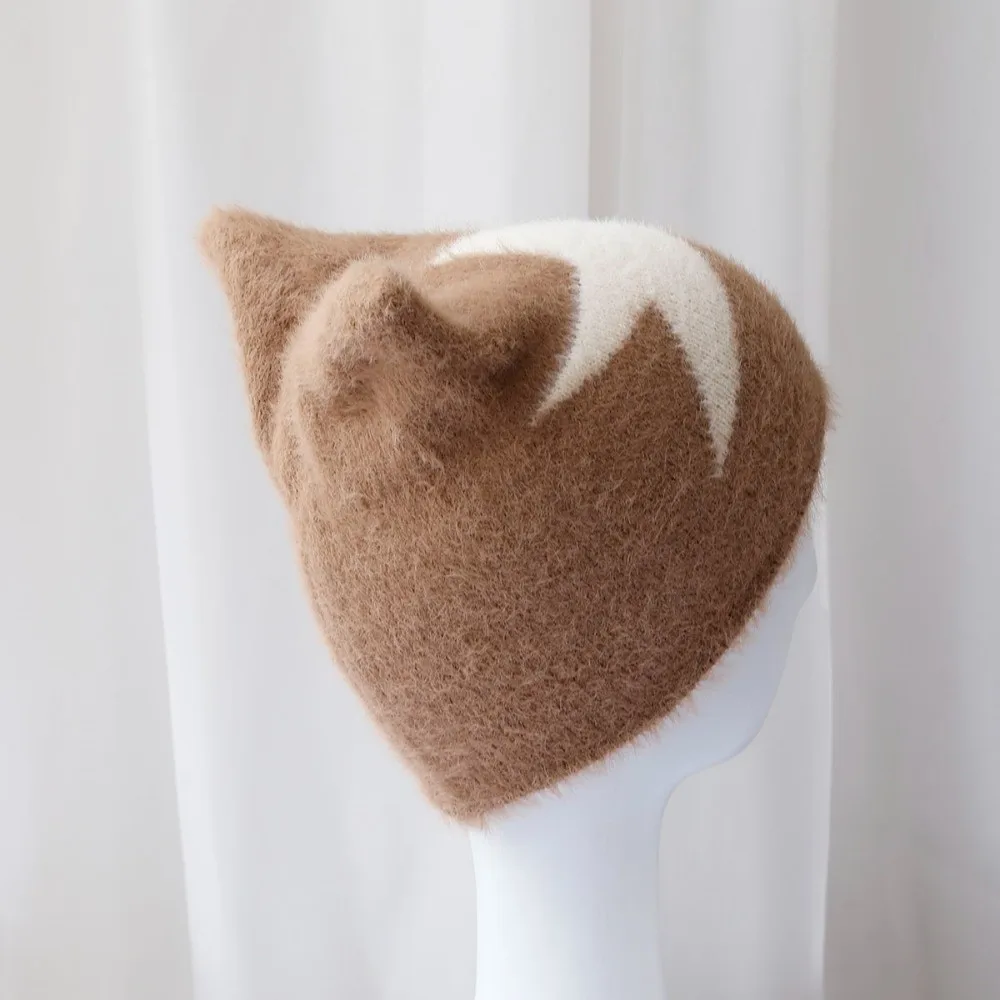 Star Pattern Cat Ears Knitted Beanie Hat Warm Lined Interior Ear Protection Knitted Bonnet Hat Soft Fluffy Faux Fur Winter Hat