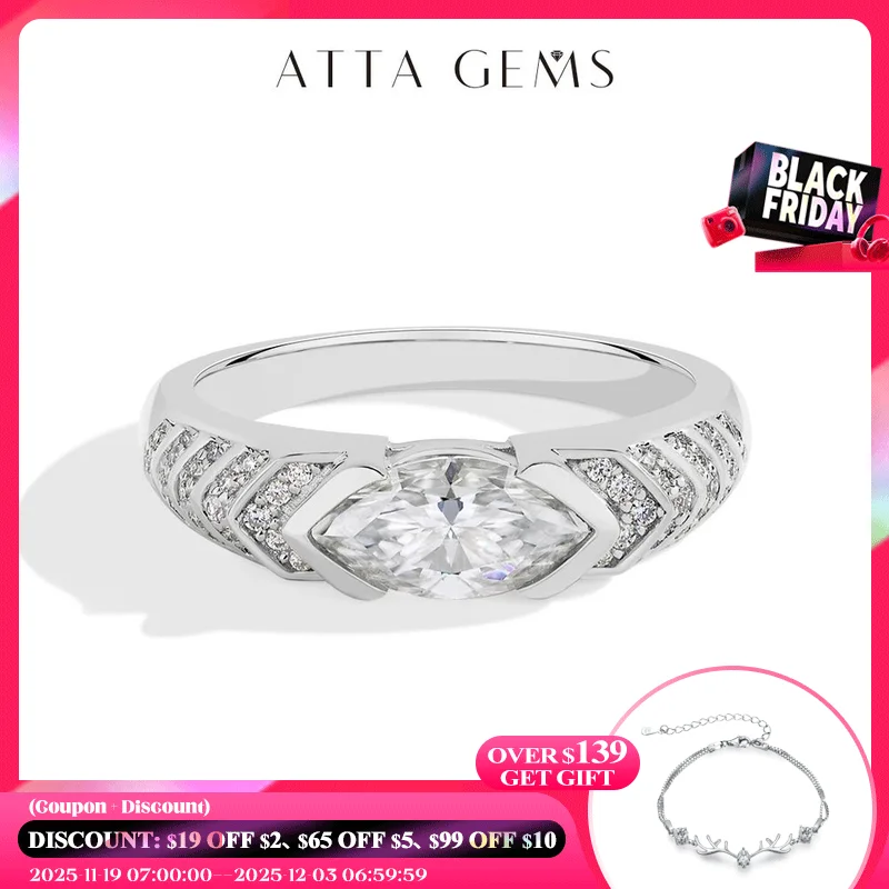 

ATTAGEMS Mariquise Cut 1CT Moissanite Ring For Women Men 925 Sterling Silver 18K Gold Plated Engagement Jewelry with Certificate