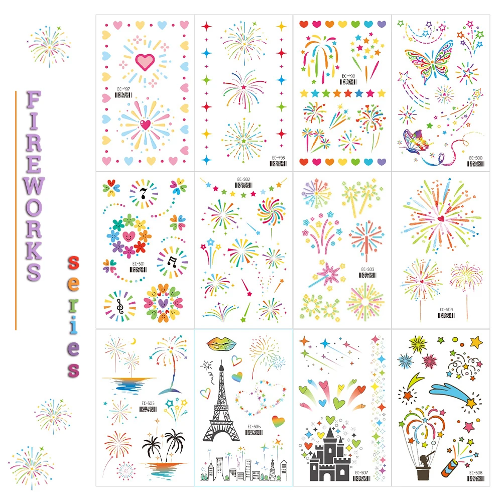 VeeCharm - Fireworks Series Temporary Tattoo Stickers for Young People Kids, Colorful  Hipster Party Supplies Gifts, 1/12 Sheet