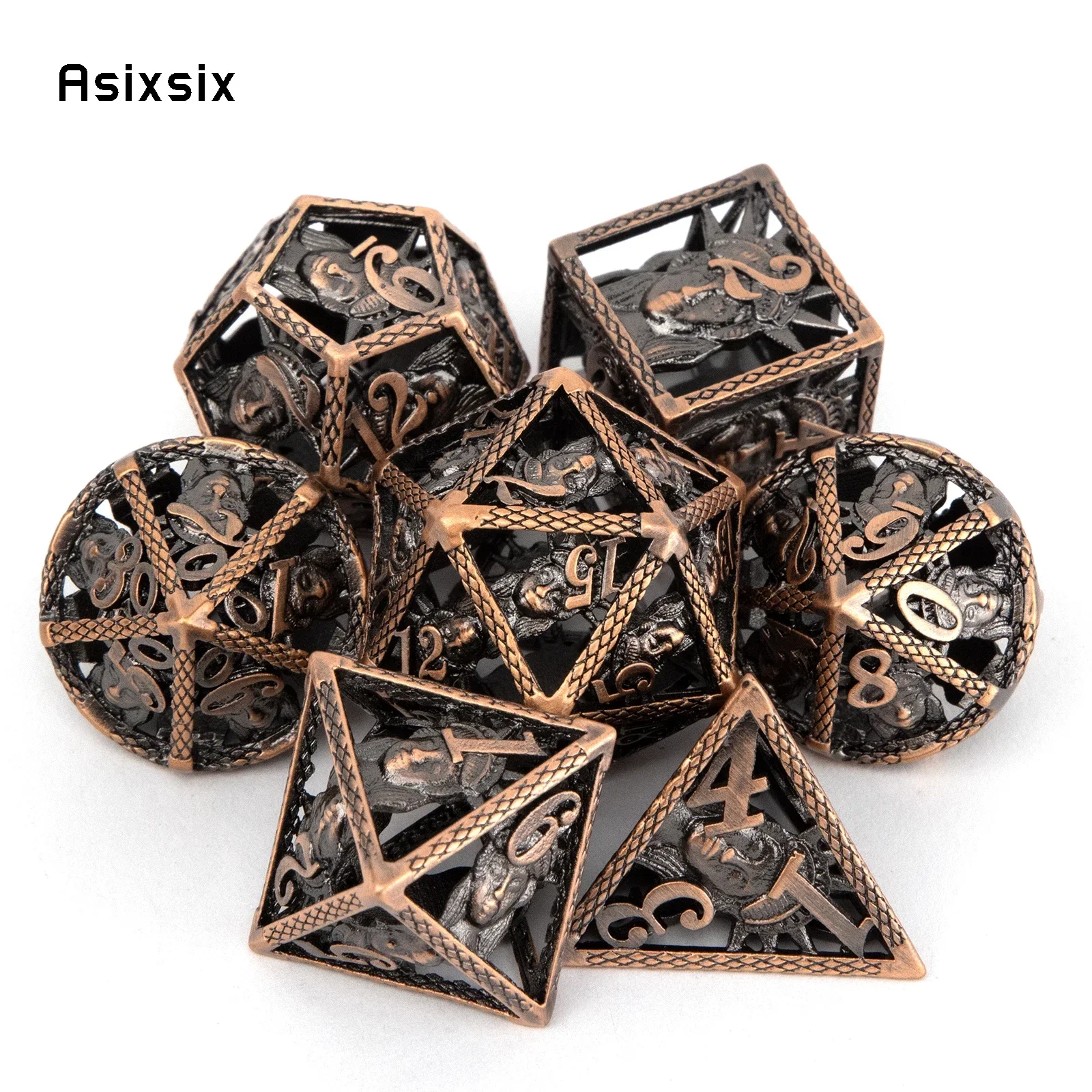 

7 Pcs Copper Liberty Statue Head Metal Dice Hollow Metal Polyhedral Dice Set Suitable for Role-Playing RPG Board Game Gift
