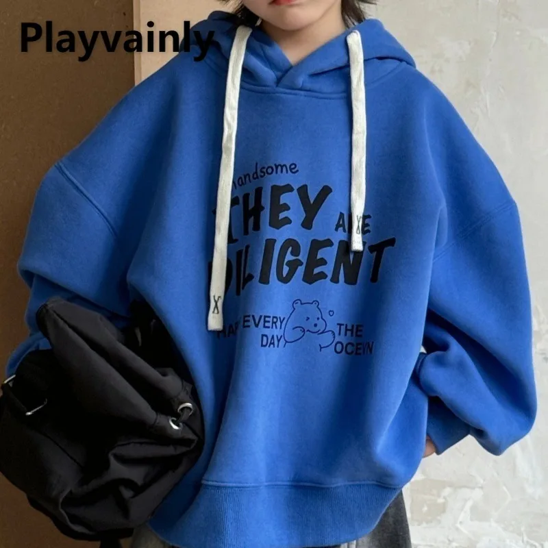 

Korean Style New Winter Children's Hoodie Fleece Thickened Letter Print Boys Pullover Blue Loose Kids Hoode Sweatshirts A5296