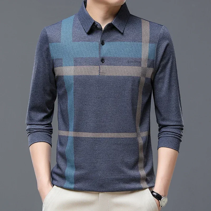 Fashion Men Polo  Autumn Turn-down Collar Long Sleeve Polo Shirts Long Sleeve Striped Print Business Casual Polo Tops