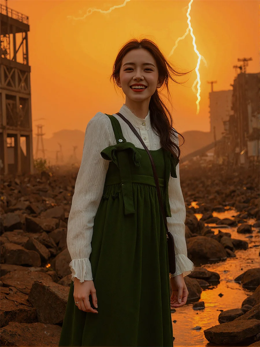 เดรสสีเขียวสำหรับผู้หญิง ความยาวระดับกลางน่อง สายเดี่ยว ยืดหยุ่น ช่วงเอวสม็อค ยืดได้ สวมใส่สบาย ยืดหยุ่น ใส่สบายๆ ง่ายๆ