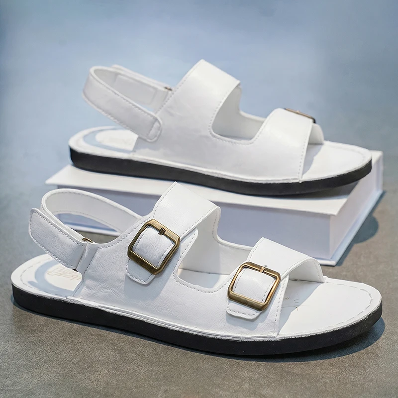 Men Sandals New Summer Leather Vintage Flat Heel Solid Buckle Beach Gladiator Sandals Shoes Breathable Men Flip Flops Sandals