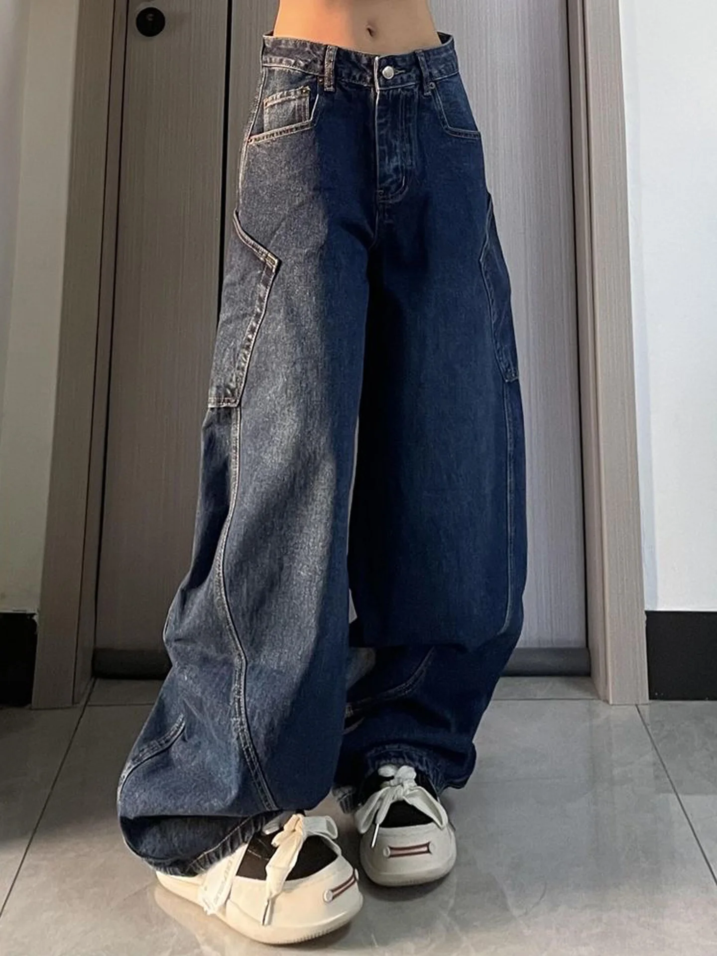 

American Style Vintage Patchwork Large Pocket Knife Jeans Women Summer New Loose Slimming Wide Leg Floor-Length Pants