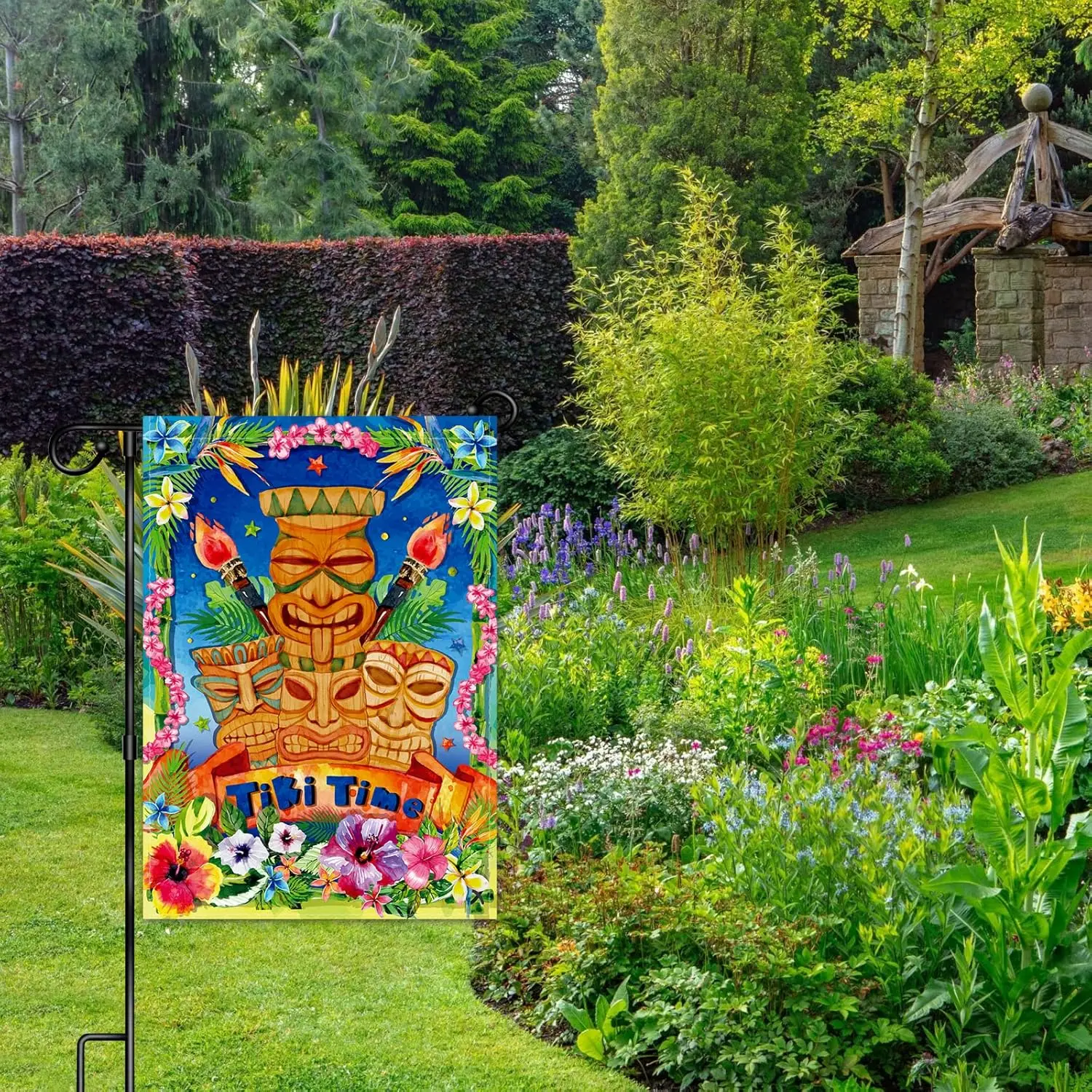 Tiki Time Summe House Flag - Luau Party Yard Sign - Tiki Bar Hawaii Tropical Luau Hibiscus Frangipani Flower Flag - Summer O UUN - view 6
