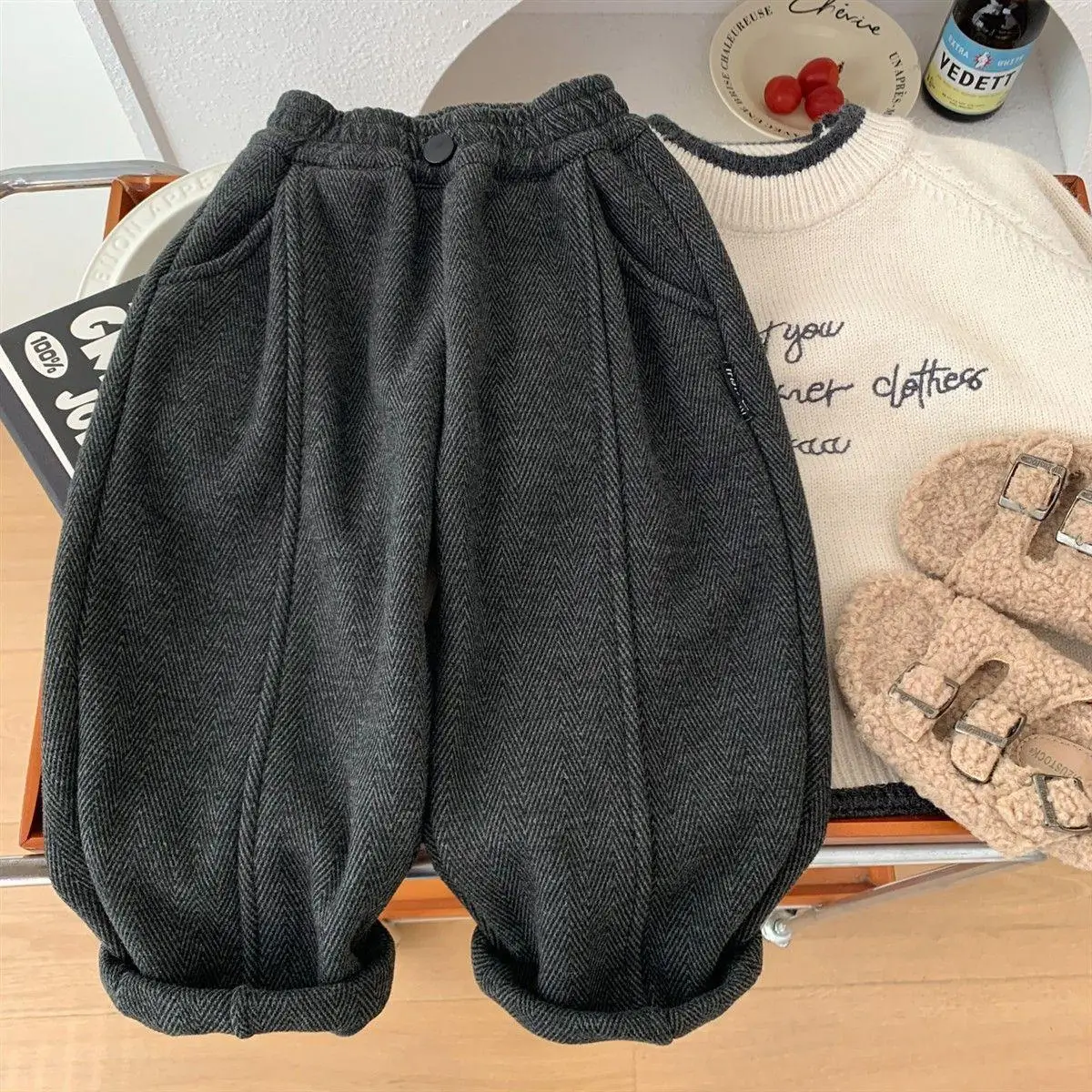 Winter Children Fleece Lining Casual Pants 2026 Fashion Boys Thick Warm Wide Leg Pants Baby Girls Loose Outerwear Trousers 2