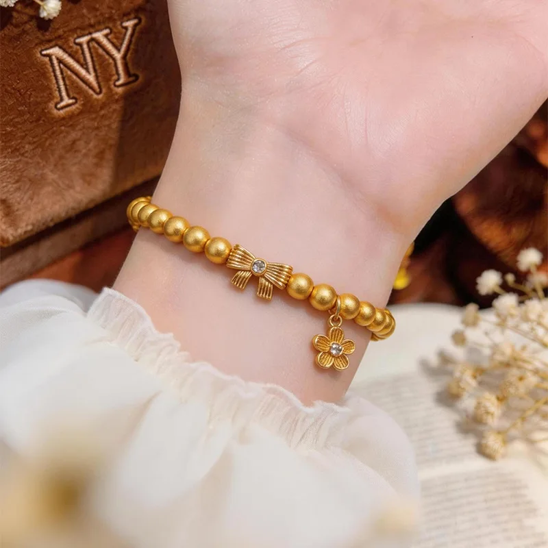 

Light Luxury & Exquisite Bow & Small Floral Bracelet For Women 24K Gold AU999, exquisite details with fine workmanship