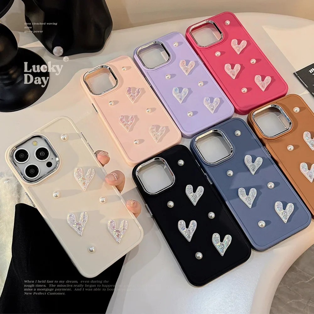 3D Pink Love Heart Pearl Phone Case for IPhone16 15 14 12 13 11 Pro ProMax Mini Plus X XR Shockproof Phone Cover