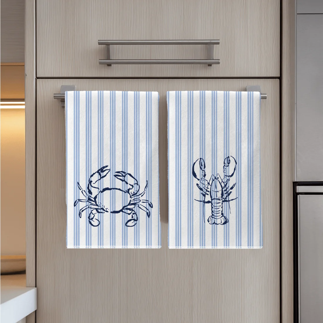 Pack of 2 summer blue striped crab shrimp absorbent soft kitchen towels,