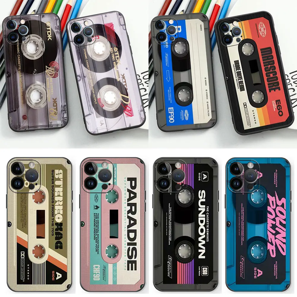 Magnetic Radio tape Cassette Phone Case For Apple iPhone 15 14 13 12 11 Pro Max Mini 8 7 Plus X XR XS SE Cases Black Soft Cover