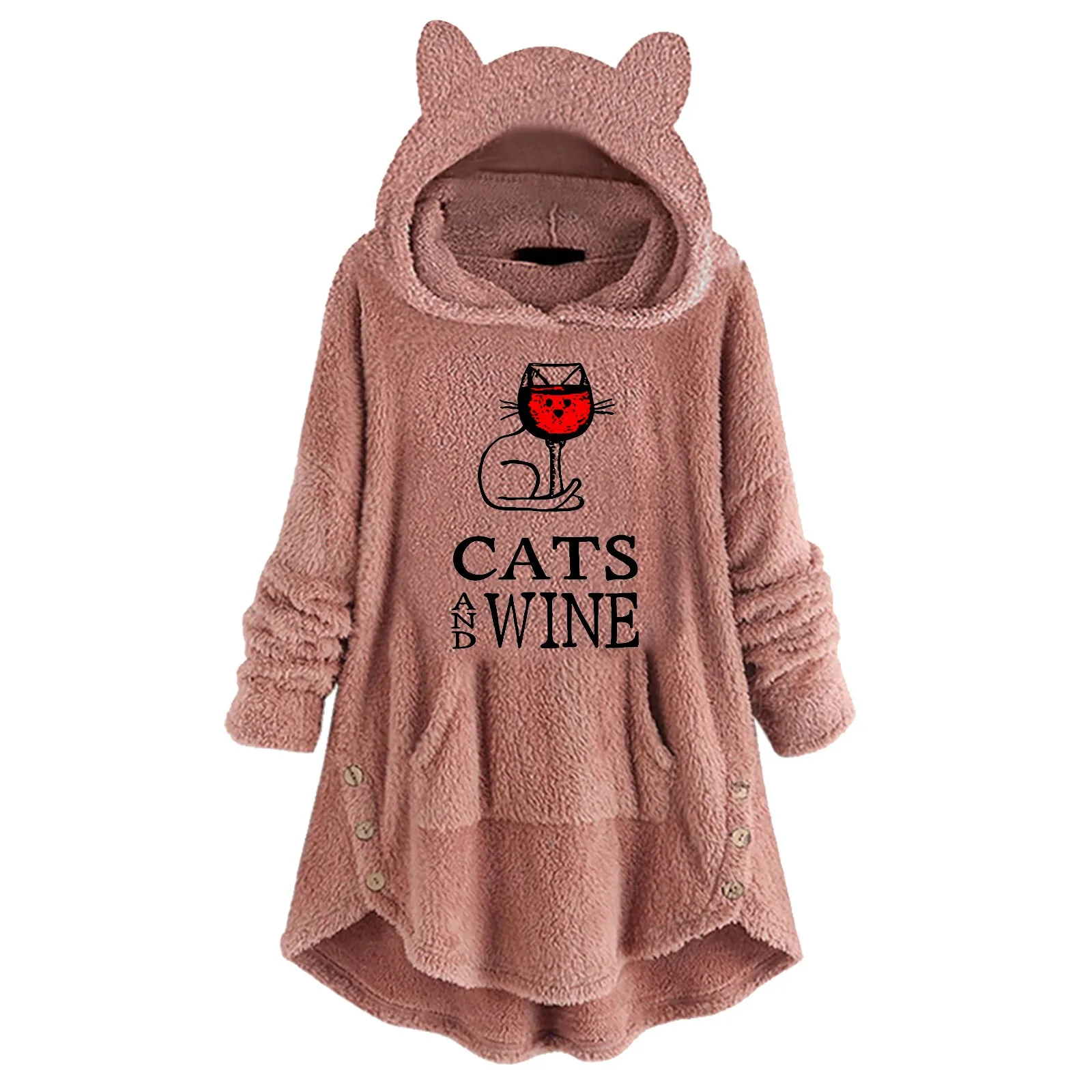 

Women'S Long Sleeve Top Cat Wine Cup Print Shirts Pullover Hoodie Fleece Cute Thick Hoodies Women Long Fleece Hoodie Women