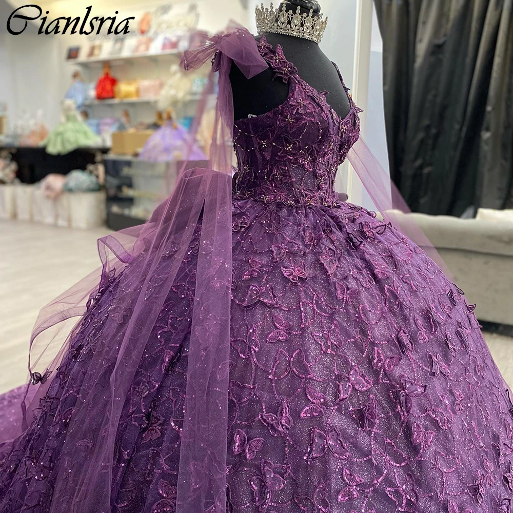 Vestido De baile De quinceañera con lentejuelas púrpuras, cintas De encaje, hombros descubiertos, corsé con lazo De mariposa 3D, 15 Años