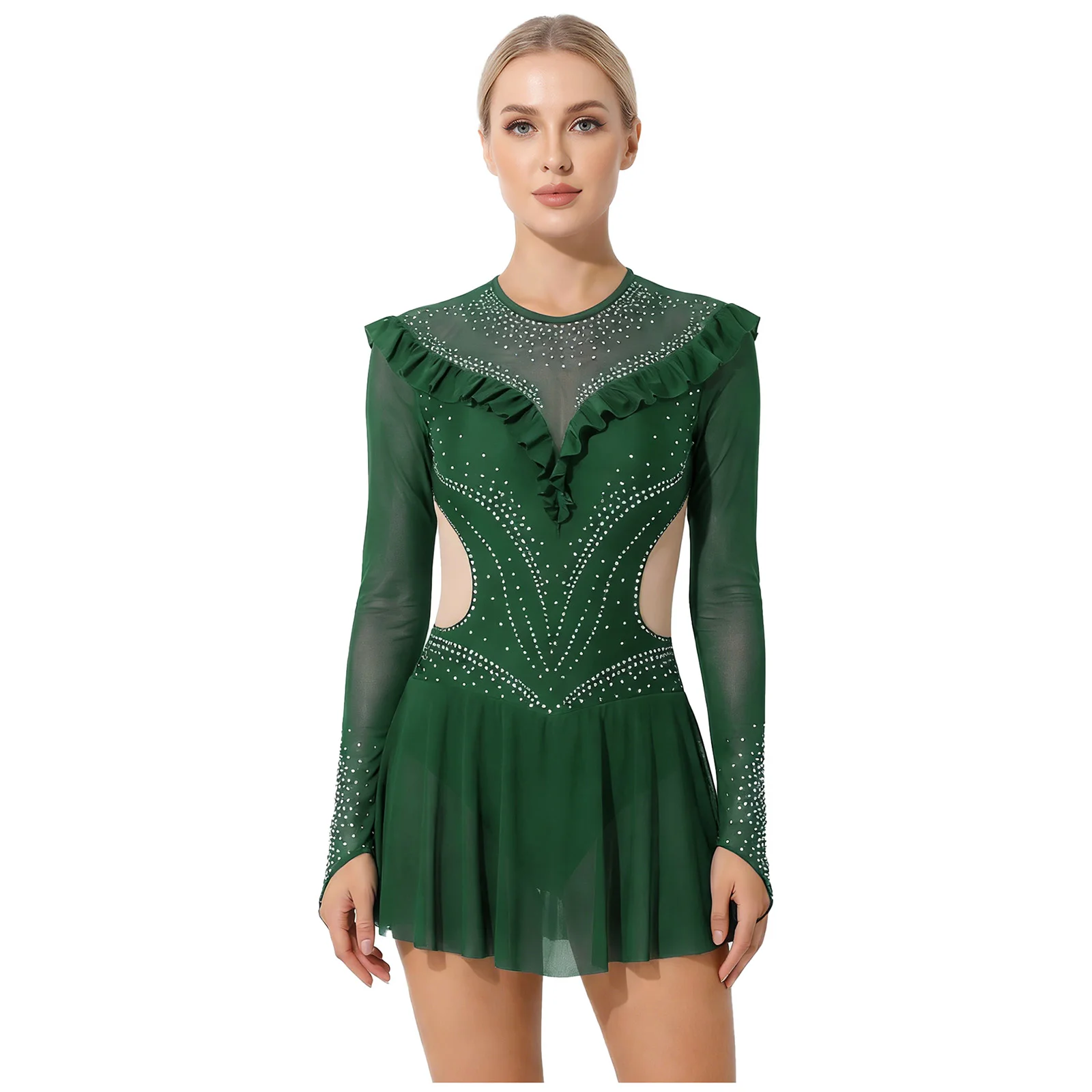 Damen Eiskunstlauf-Kostüm Rhythmische Gymnastik Ballett-Trikot Glänzendes Strass-Netz Langarm Latein Jazz Tanzkleid